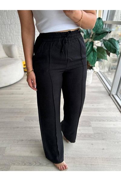 SOSYETE AVM Women's Black Linen Ayrobin Fabric High Waist Loose Wide Leg Palazzo Trousers