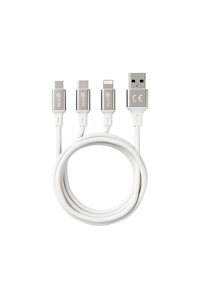 Prio 3in1 Micro Usb, Usb-c & Lightning Cable, 1.2m, Fast Charging, Universal Compatible, White