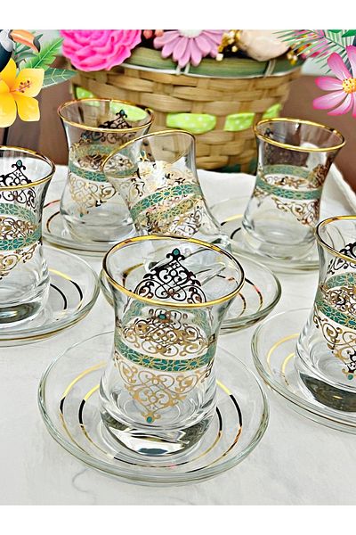 SAMSA Original Gold Patterned Green Model Design 6-Person Tea Set
