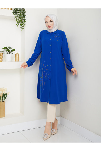 BELLİNA Kadın Medine İpeği Saks Mavisi Yazlık Tunik