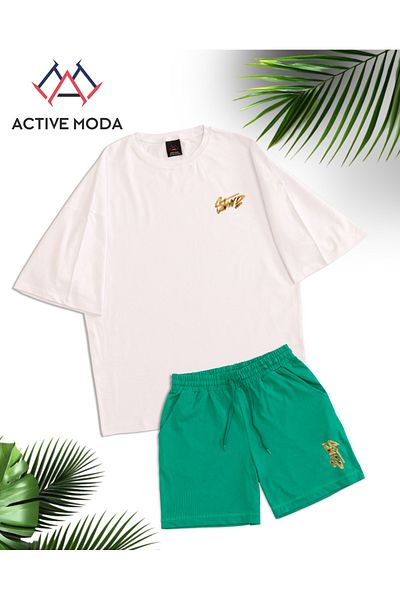 ACTIVE MODA - طقم تي شيرت وشورت رجالي بأكمام قصيرة DWTS7 مقاس كبير 2 قطعة مقاس كبير