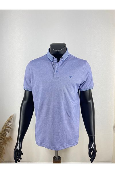 Sadık Collection Men's Large Size Polo Collar Buttoned Pocketless Sleeves Ribbed Mercerized Fabric Blue Color T-Shirt 1000