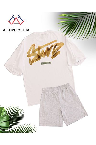 ACTIVE MODA - طقم تي شيرت وشورت رجالي بأكمام قصيرة DWTS7 مقاس كبير 2 قطعة مقاس كبير