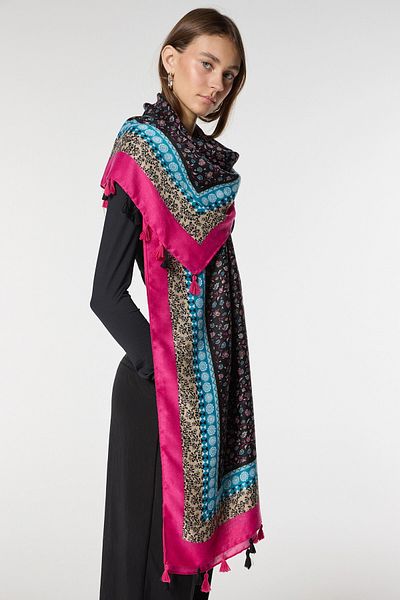 bacc Pink Ethnic Patterned Shawl with Foil and Tassels Bcnsv-2515086