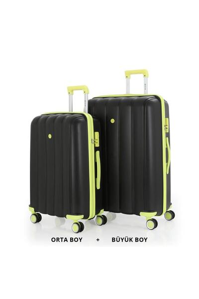MÇS Bavul Büyük ve Orta 2li Set Kırılmaz Silikon Valiz V305 Siyah/AçıkSarı