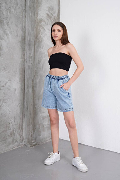 Plenty Women's High Waist Elastic Denim Shorts - Light Blue