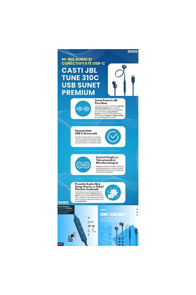 JBL Tune 310c Usb-c In-ear Headphones, Pure Bass, Hi-res, Microphone, Blue