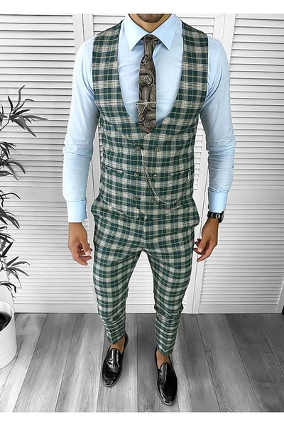 dehaine Men's suit, pants plus vest, green, checked, B4098