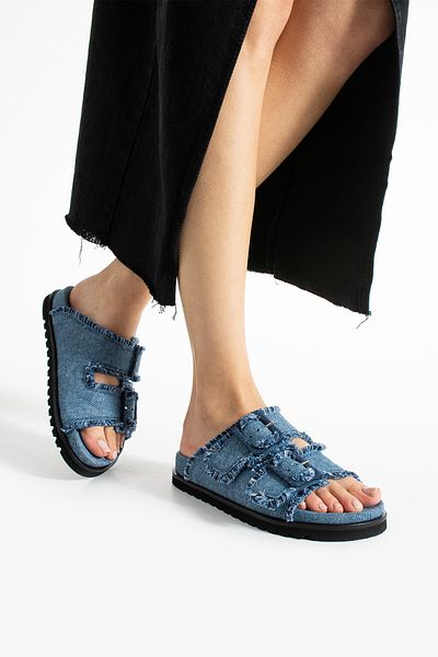 walviss Papuci de jeans Sissa din piele naturală cu cataramă dublă