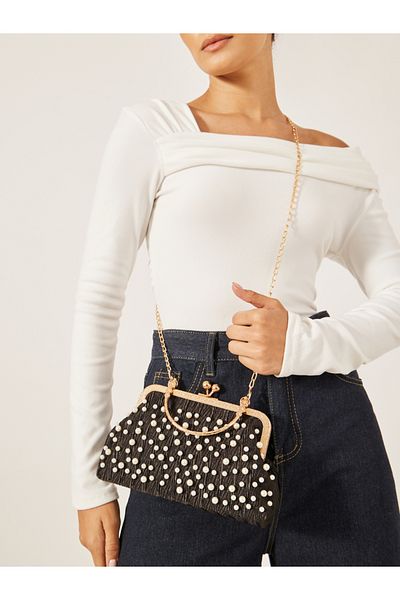 Styli Black Pearl Embellished Clutch