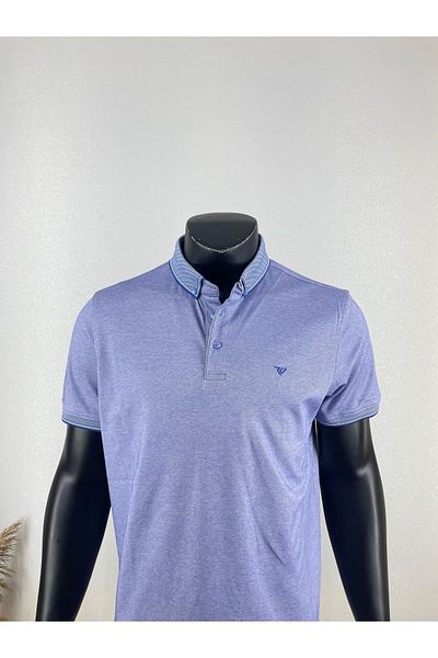 Sadık Collection Men's Large Size Polo Collar Buttoned Pocketless Sleeves Ribbed Mercerized Fabric Blue Color T-Shirt 1000