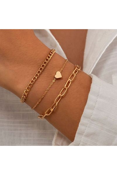 HISCOSMETIC Women's 3-Piece Gold - Gold Chain and Heart Detailed Elegant Bracelet