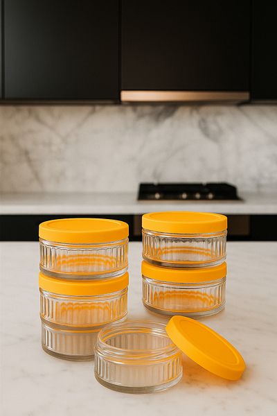 ZURİ DESİGN Set of 6 Airtight Glass Storage Containers - 140 Cc |   Orange Lid, Leakproof Storage Container