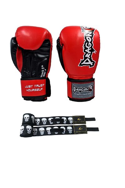 Dragondo Attack 5 Plus Boxing Gloves Kick Boxing Muay Thai Boxing Gloves and A3Store Skull Bandage Set of 2