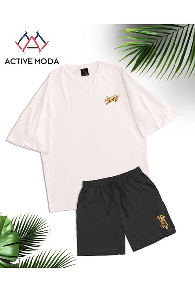 ACTIVE MODA - طقم تي شيرت وشورت رجالي بأكمام قصيرة DWTS7 مقاس كبير 2 قطعة مقاس كبير