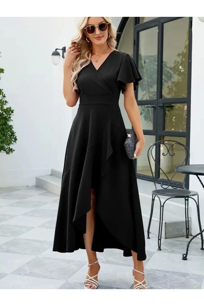 MODA Rochie de damă cu mâneci scurte, cu guler dublu, cu volan în față, cu croiala încrucișată, detaliată, supradimensionată, din crepon importat