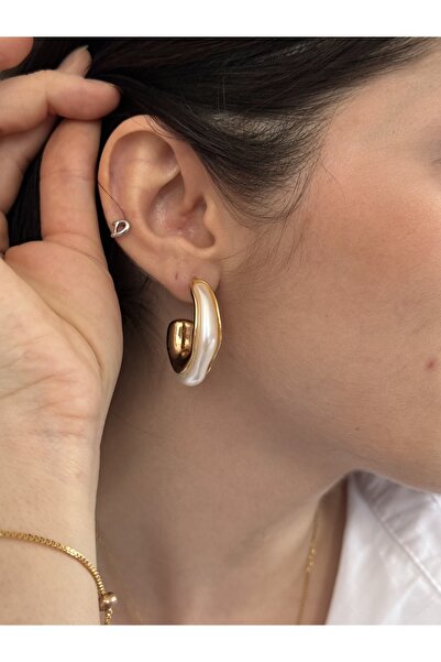 Regina Gems Trend Beyaz ve Gold Detaylı Kalın Halkalı Küpe