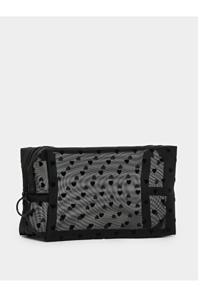 Styli Black Heart Printed Mesh Wash Bag
