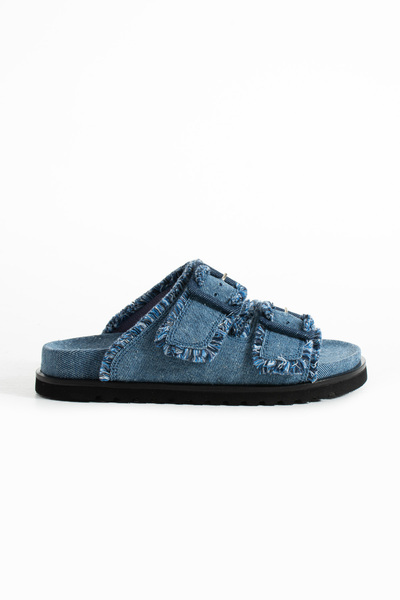 walviss Papuci de vară Sissa unisex din piele naturală cu cataramă dublă cu aspect de blugi (jean).