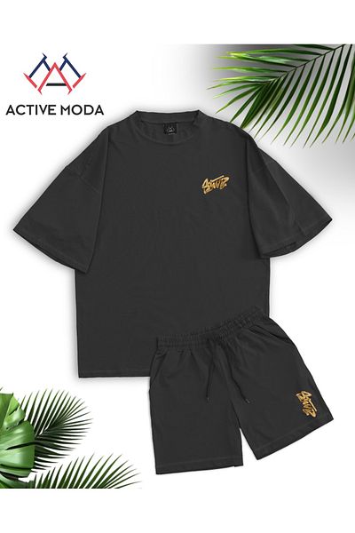 ACTIVE MODA طقم تي شيرت وشورت مطبوع بأكمام قصيرة للرجال DWTS7 مقاس كبير 2 قطعة مقاس كبير
