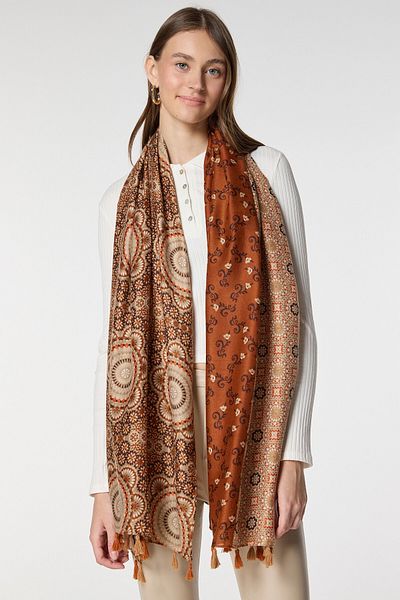 bacc Brown Multi Patterned Tassel Shawl Bcnsv-2515069