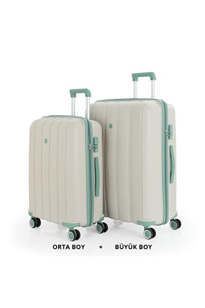 MÇS Bavul Büyük ve Orta 2li Set Kırılmaz Silikon Valiz V305 Kemik/SuYeşili