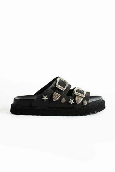 walviss Manco Unisex Γνήσιο Δερμάτινο Κλασικό Ορθοπεδικό Μαύρο Παντόφλες με Διπλή Πόρπη