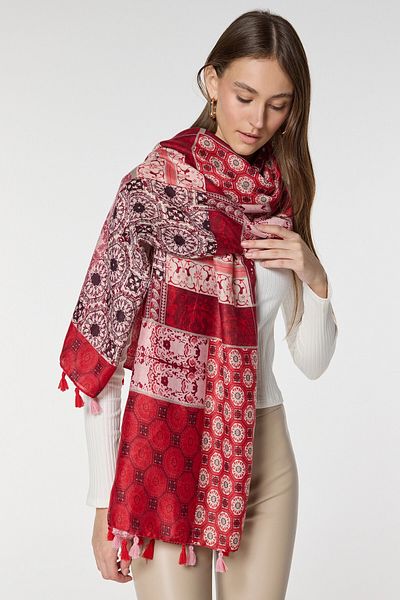 bacc Red Ethnic Patterned Tassel Shawl Bcnsv-2515081