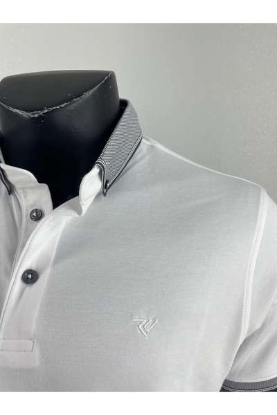 Sadık Collection Ανδρικό μπλουζάκι με κουμπιά γιακά πόλο μεγάλου μεγέθους χωρίς τσέπες μανίκια με ραβδώσεις Mercerized ύφασμα λευκό χρώμα 1000