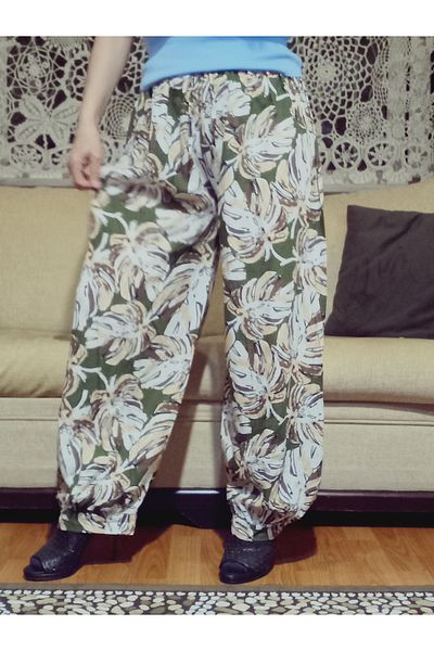 hoaryage Viscose Trousers with Cuffs, Elastic Waist, Patterned 100% Cotton, Oversize