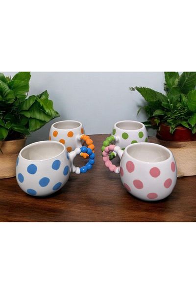 İZart 4' Pearl Handle Polka Dot Patterned Hand Embroidered Ceramic Mug