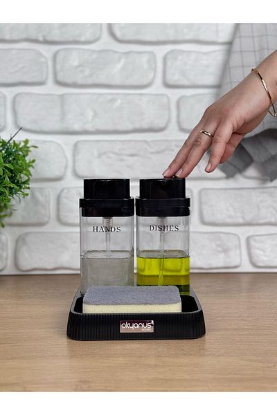 Okyanus Home Black Deluxe Square Stand Transparent Liquid Soap Dispenser and Detergent Dispenser