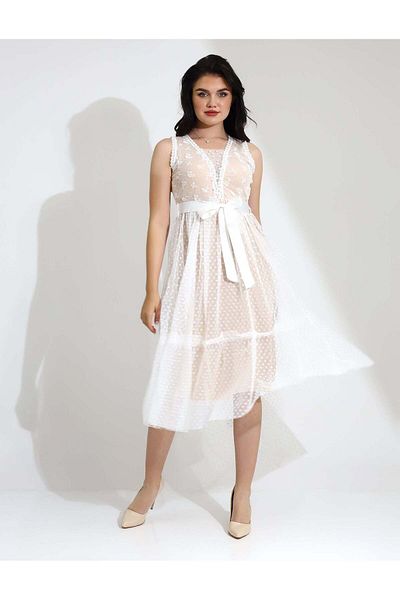 Stayele Elegant White Lace Midi Dress with Ribbon Tie