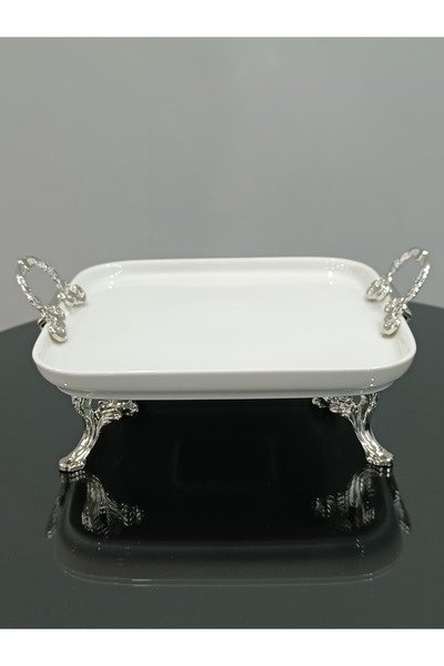 PARILTI HOME COLLECTİON Porcelain Presentation Plate with Silver Handle and Foot