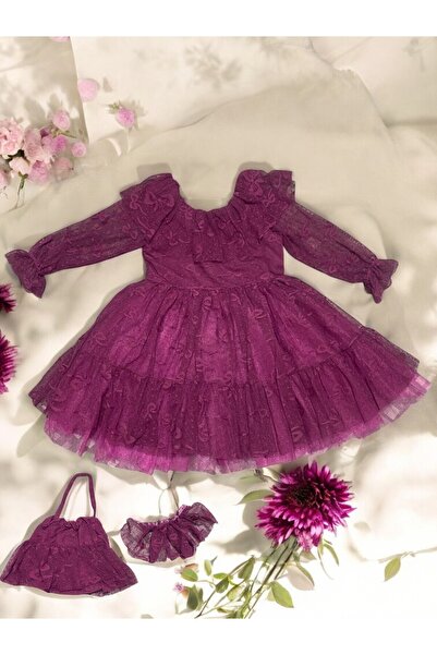 DOLCE KİDS Princess Lace Girl's Buckle Buckle Festive Layer by Layer Party Dress with Bag Birthday