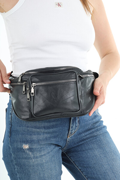 NahitaTyana Unisex Black Multi-Pocket Genuine Leather Freebag Waist Bag and Shoulder Bag