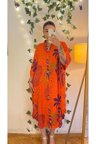 Ceylin Flower Patterned Cotton Buttoned Giant Dress