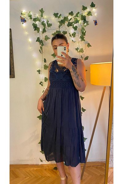 İTALYAN Italian Silk Fabric Lace Detail Dress