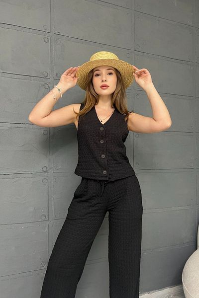 MOZENA Buttoned Vest Trousers 2-Piece Seersucker Suit