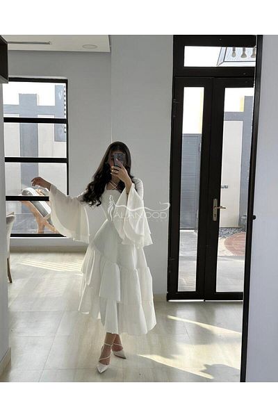 ALANOOD FASHION Soft white linen dress with wide sleeves and a modern design