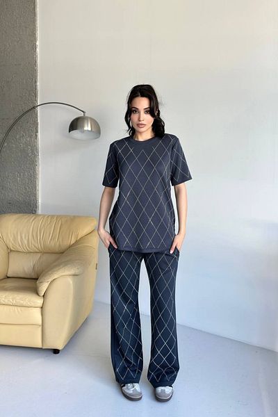 MOZENA Stoned Modal Fabric Crew Neck Blouse Pants Set of 2