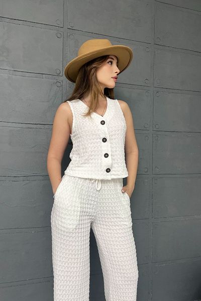 MOZENA Buttoned Vest Trousers 2-Piece Seersucker Suit