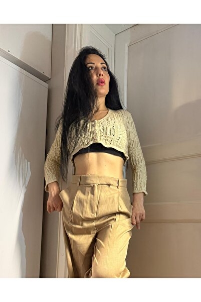 Lovely butik Women's Woven Stone Gold Button Detail Knitted Cardigan