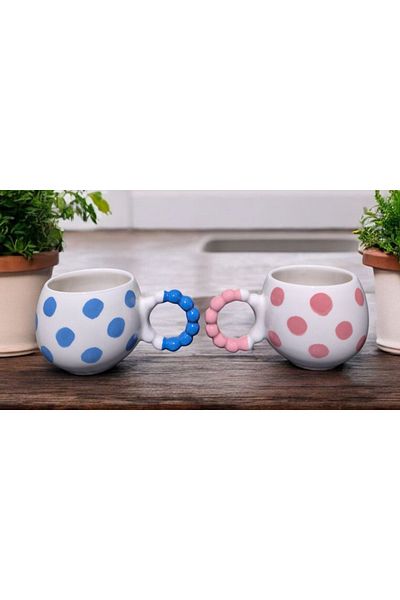 İZart 2' Li İnci Handle Pink - Blue Polka Dot Patterned Hand Embroidered Ceramic Mug