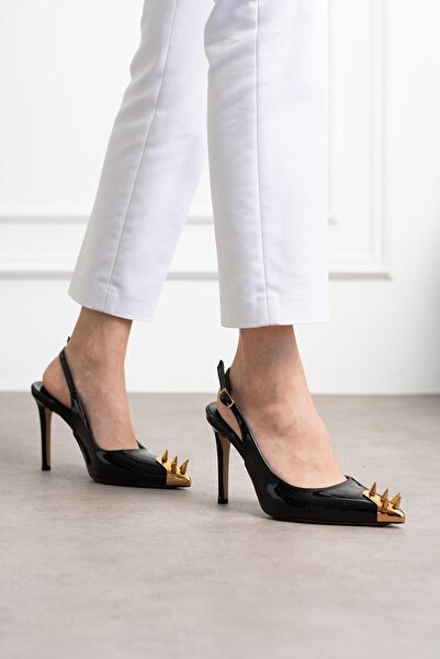 kalyoncu moda Valentin Önü Zımbalı Gerçek Deri Siyah Renkli Kadın Topuklu Ayakkabı