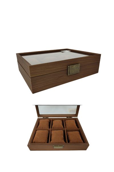 Living Wooden organizer box with a glass lid for organizing jewelry and watches - 6 compartments - brown