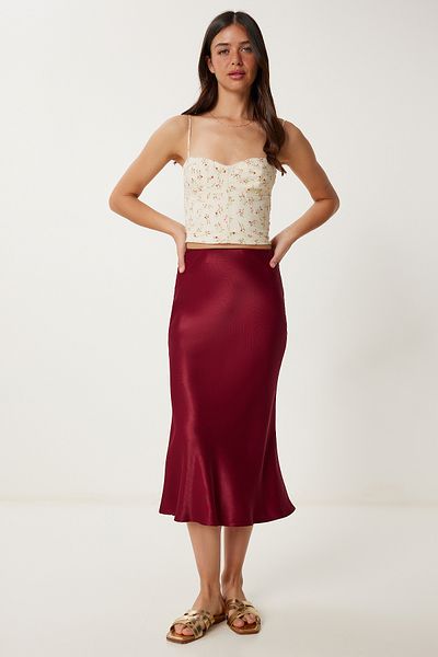 Lovelyİstanbul Fusta Midi din Satin Roșu Claret LNS0068