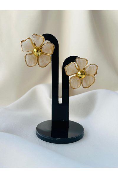 ESDE Beige Colored Flower Figured Gold Stylish Design Earrings