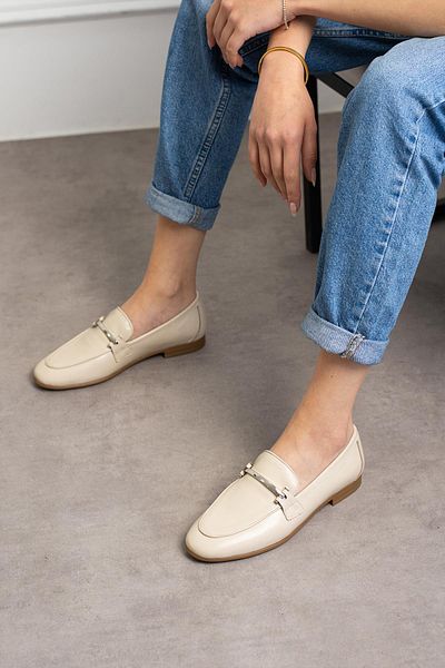kalyoncu moda Dina Real Leather Ecru Colored Women's Ballerinas with Buckle on the Front