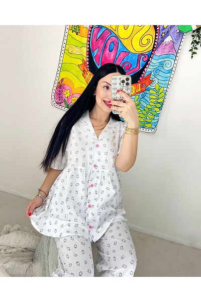 Pijamapartisi Kitten Patterned Combed Cotton Fabric Short Sleeve Wide Fit Maternity Pajama Set